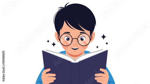 Bright-eyed young boy with glasses enthusiastically reading a book, surrounded by sparkling elements, symbolizing learning and imagination.