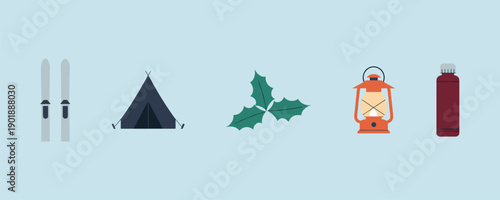 Set of outdoor winter camping and hobby icons featuring skis a dark tent holly leaves a glowing orange lantern and a red thermos flask vector