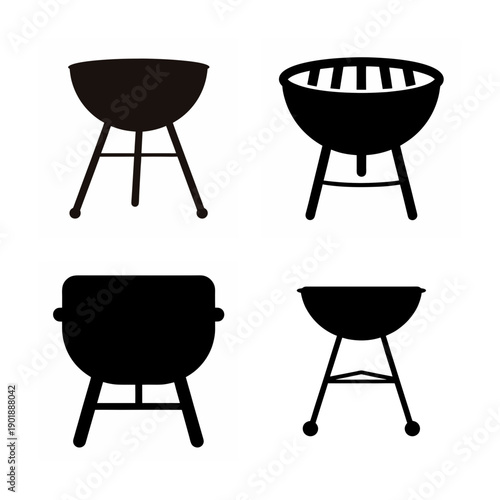 Four different styles of outdoor charcoal grills depicted in black and white silhouette