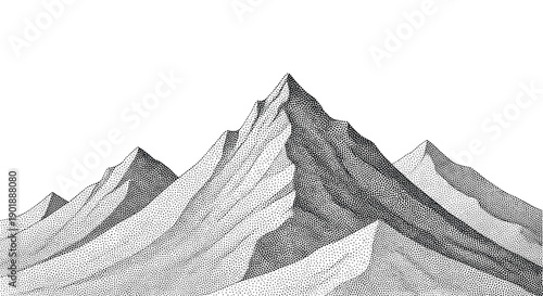 A majestic mountain range rendered in a detailed black and white stipple or pointillism art style, creating a textured, vintage look.