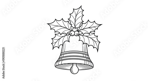 A classic black and white line art illustration of a Christmas jingle bell decorated with a sprig of holly and berries, in a vintage style.