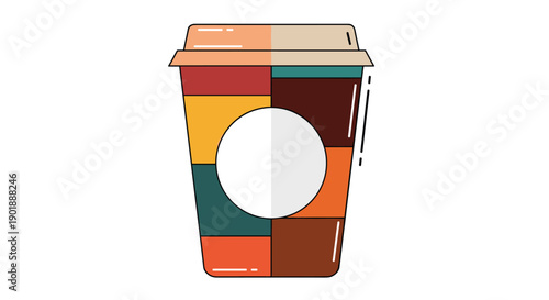 A colorful paper coffee cup with a lid, featuring a modern patchwork design and a blank white circle for a logo or branding.