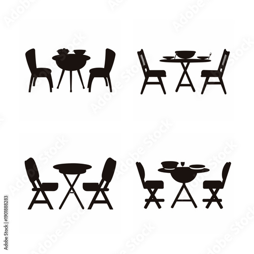Four black and white silhouettes of different outdoor dining setups with chairs and tables