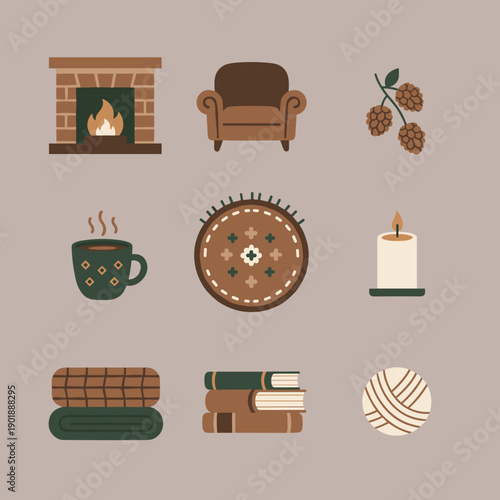 Cozy hygge lifestyle elements set featuring a fireplace armchair mug of coffee candles books and a yarn ball in warm earth tones flat illustration