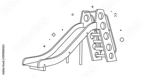 Minimalist black and white line art illustration of a children's playground slide, shown in a clean, modern isometric view.