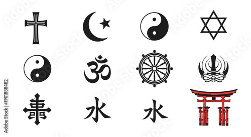 Collection of various world religion and spiritual symbols, including icons for Christianity, Islam, Judaism, and Buddhism.