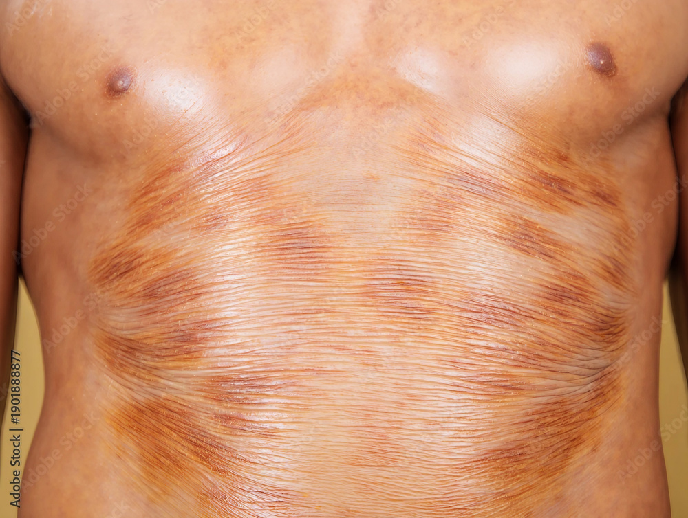 Fototapeta premium Progeria Close up of wrinkled skin with brown marks on chest texture