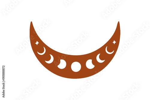  bohemian crescent moon phases icon in rustic brown color, celestial body graphic element