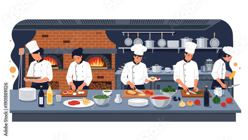 Dynamic team of diverse male and female chefs expertly prepares a variety of dishes in a professional, busy restaurant kitchen environment.