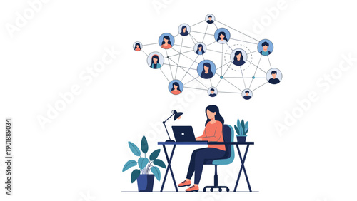 Diligent woman works remotely on her laptop at a home office desk, connected to a vast online social network above her.