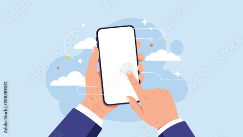 Person's hands holding and tapping a modern smartphone with a blank white screen, surrounded by glowing sparkles and stylized clouds on a light blue background, representing mobile technology use.
