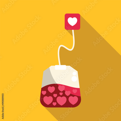 Tea bag filled with hearts and a heart tag on a yellow background