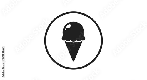 Simple black and white circular icon featuring a single scoop of ice cream on a cone, a universal symbol for dessert.