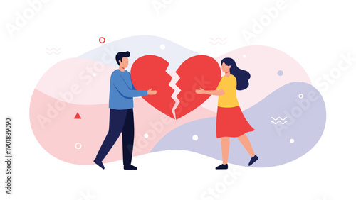 Man and woman standing opposite each other, each holding a half of a broken red heart, on a pastel background with abstract shapes, symbolizing a relationship breakup, separation, or emotional pain.