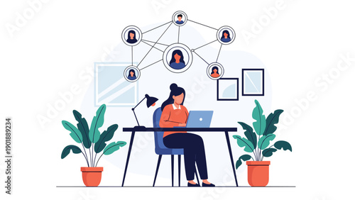 Woman working remotely on a laptop at her desk, with a social network or team collaboration diagram floating above her head, symbolizing distant work, online communication, and virtual connections.