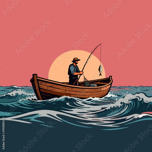 Fisherman catching fish in a wooden boat on the ocean at sunset illustration