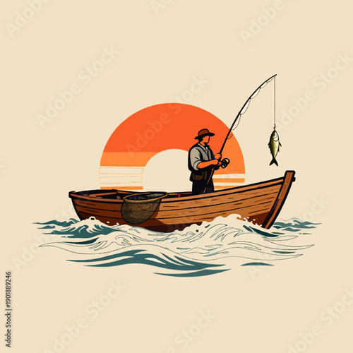 Fisherman in a Wooden Boat Catching Fish at Sunset Illustration