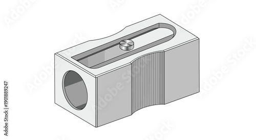 Realistic grayscale illustration of a classic metal single-hole pencil sharpener, a common school and office supply item.