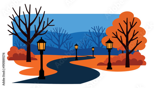 Minimalist illustration of a park depicting a winding path with bare trees and glowing streetlights in autumn for nature themed designs