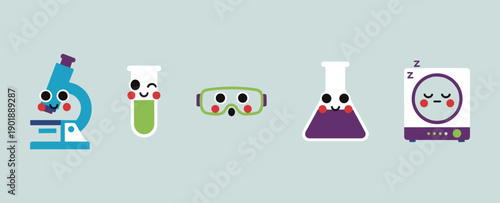 Set of cute science laboratory equipment characters with faces including microscope test tube goggles flask and magnetic stirrer for education