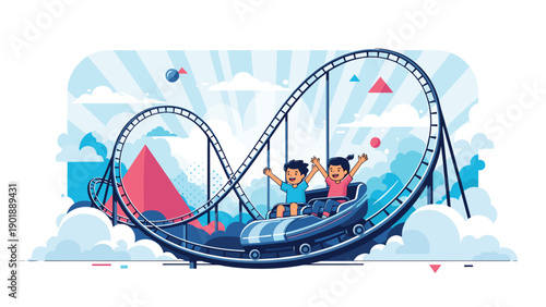 Two joyful children riding a roller coaster with their hands raised high, amidst a fantastical landscape of clouds, geometric shapes, and sunbeams, depicting amusement park fun and excitement.