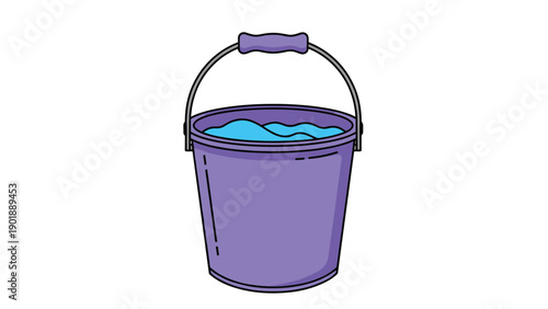Simple purple bucket with a metal handle, partially filled with blue water, illustrated in a clean, cartoonish style, suitable for domestic, cleaning, or outdoor activity themes.