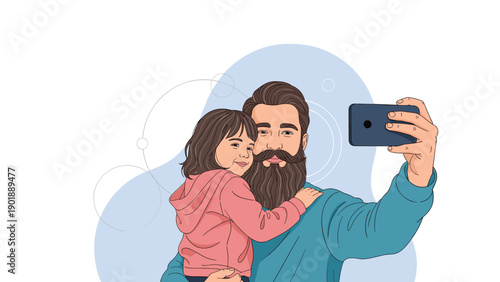 Bearded father holding his young daughter, taking a selfie with a smartphone, depicting a loving family moment and the use of mobile technology for capturing memories.