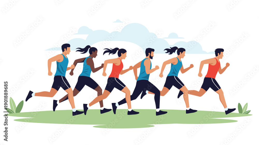 Obraz premium Group of diverse runners, both men and women, jogging together in athletic wear, illustrating fitness, teamwork, competition, or an outdoor race event.