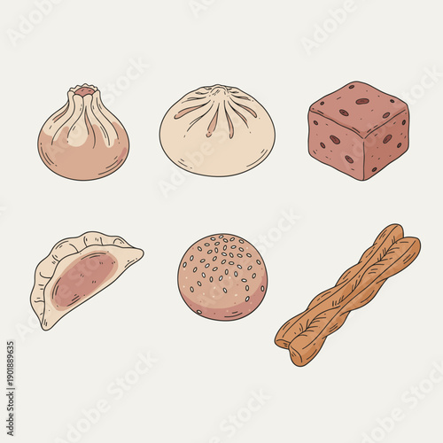 Hand drawn collection of traditional Chinese breakfast food items including dumplings steamed buns and deep fried dough sticks for food blog