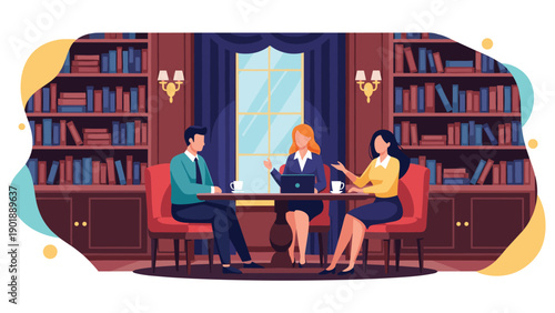 Three people, two men and one woman, engaging in a business meeting or discussion at a table in a luxurious library or office filled with bookshelves, depicting professional consultation or learning.