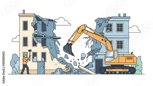 Demolition scene with an excavator tearing down a building, and a worker using a sledgehammer on another structure, illustrating construction, renovation, or destruction of old property.