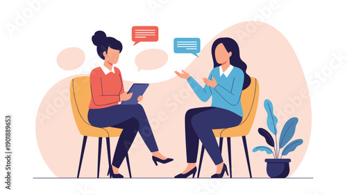 Two women engaged in a conversation or therapy session, with one actively listening and the other speaking, surrounded by speech bubbles, depicting communication, counseling, or interview scenarios.