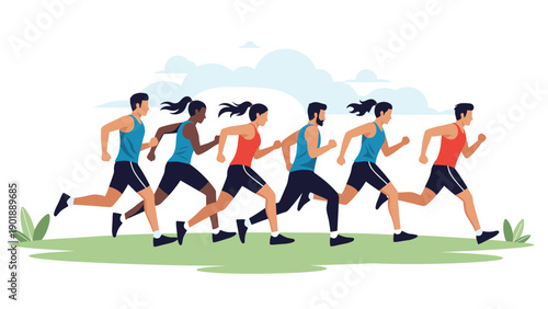 Group of diverse runners, both men and women, jogging together in athletic wear, illustrating fitness, teamwork, competition, or an outdoor race event.