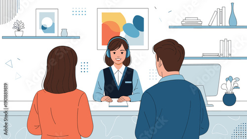 Friendly female customer service representative wearing a headset, smiling and assisting a couple at a reception desk, depicting excellent customer support and hospitality services.