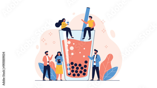 Group of small, diverse people interacting around a giant bubble tea drink with a straw, symbolizing social gathering, refreshment, or a trendy beverage culture.