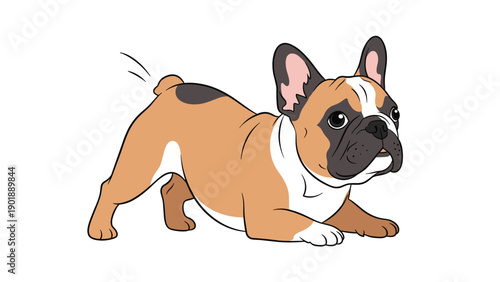 Playful brown and white French Bulldog in a bow stance, looking alert and curious, depicted in a charming cartoon style, ideal for pet themes or dog-related designs.