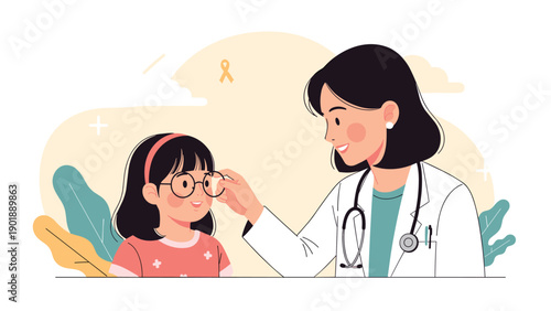 Smiling female doctor gently adjusting eyeglasses on a happy young girl's face, against a warm, abstract background, depicting pediatric eye care, check-up, or optometry.