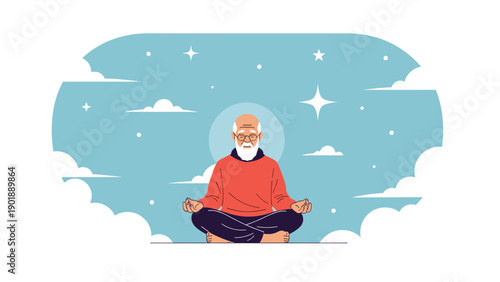Peaceful senior man with a beard meditating in a lotus position, surrounded by clouds and sparkling stars on a light blue background, symbolizing tranquility, mindfulness, and spiritual well-being.