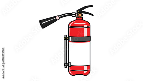 Red fire extinguisher with a hose and nozzle, featuring a blank label, depicted in a clear line art style, representing safety equipment, emergency preparedness, or fire protection.