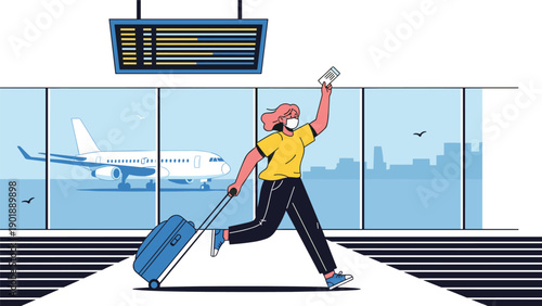 Woman wearing a face mask, running with a suitcase and ticket at an airport, with an airplane taking off in the background, depicting urgent travel, flight departure, or pandemic-era journeys.