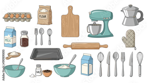 Extensive collection of baking and cooking ingredients and utensils, including flour, milk, eggs, bowls, mixer, rolling pin, and various kitchen tools, ideal for culinary themes or recipe designs.