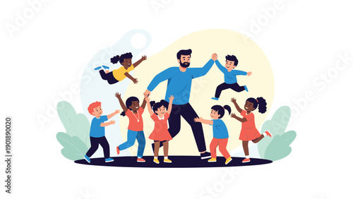 Happy teacher or caregiver playing and interacting with a diverse group of excited children, depicting a joyful learning environment and positive educational experience.