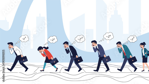 Row of exhausted business people, yawning and rubbing their eyes while walking, with 'Zzzz' thought bubbles, illustrating fatigue, burnout, and the demands of corporate life in a city setting.