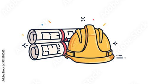Construction hard hat in yellow, placed next to rolled-up blueprints, surrounded by subtle abstract shapes, symbolizing construction, engineering, planning, and safety in building projects.