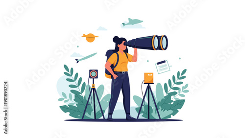 Woman adventurer actively looking through a large telescope, surrounded by diverse plants, symbolizing exploration, discovery, and future planning in nature.