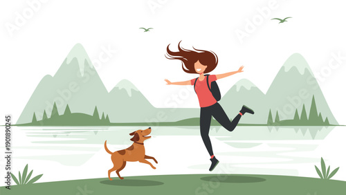 Joyful woman enthusiastically jumping with her happy dog amidst a serene mountainous landscape, embodying freedom, happiness, and outdoor adventure.