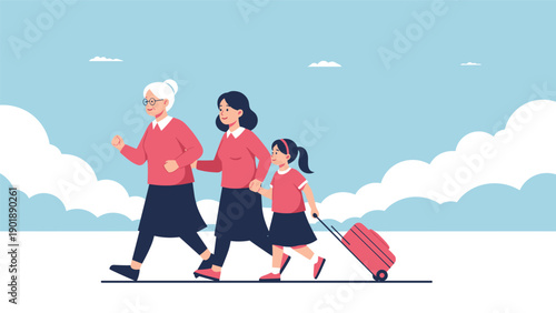 Three generations of women, grandmother, mother, and child, walking together with a suitcase, illustrating family travel, bonding, and legacy.