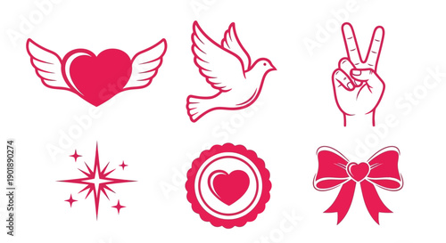 A collection of six red graphic icons representing love, peace, and celebration, including a winged heart, a dove, a peace sign hand gesture, a starburst, a heart emblem, and a bow.