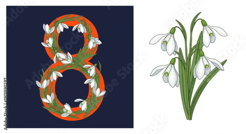 A festive illustration of the number 8 decorated with snowdrops, alongside a separate bunch of snowdrop flowers.