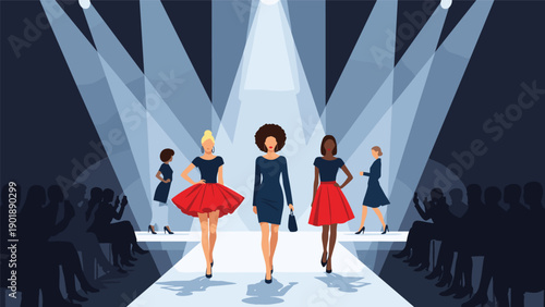 Diverse fashion models gracefully walking on a brightly lit runway with spotlights, showcasing haute couture and modern style during a fashion show event.